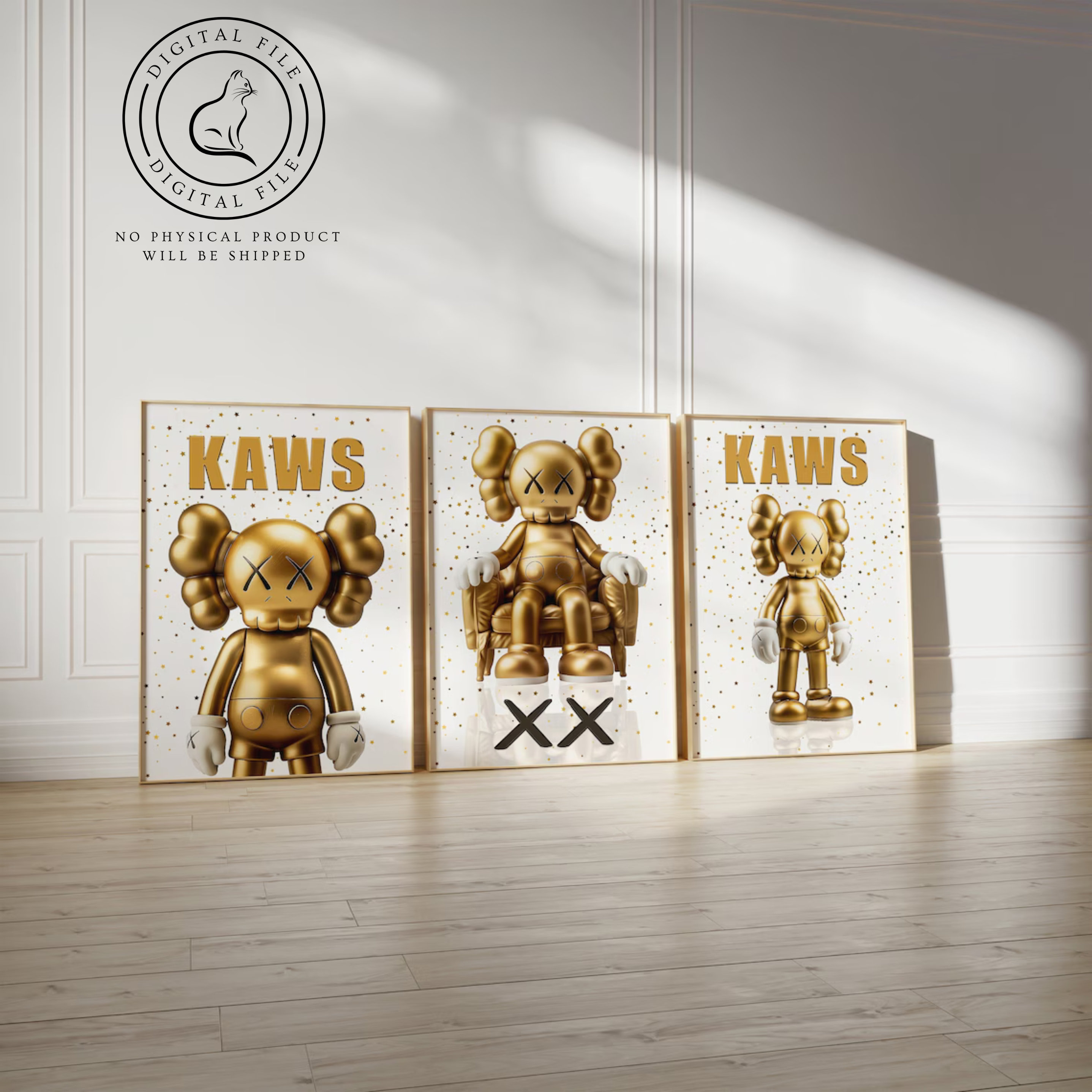 Gold KAWS Figure Printable Wall Art, Set of 3 Prints