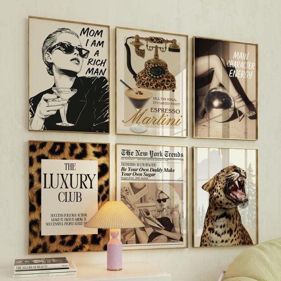 Luxury Glam Wall Art, Chic Retro Feminist Wall Set, Rich Girl Art, Y2K Fashion Decor, Trendy Leopard Print, Baddie Aesthetic Poster Set