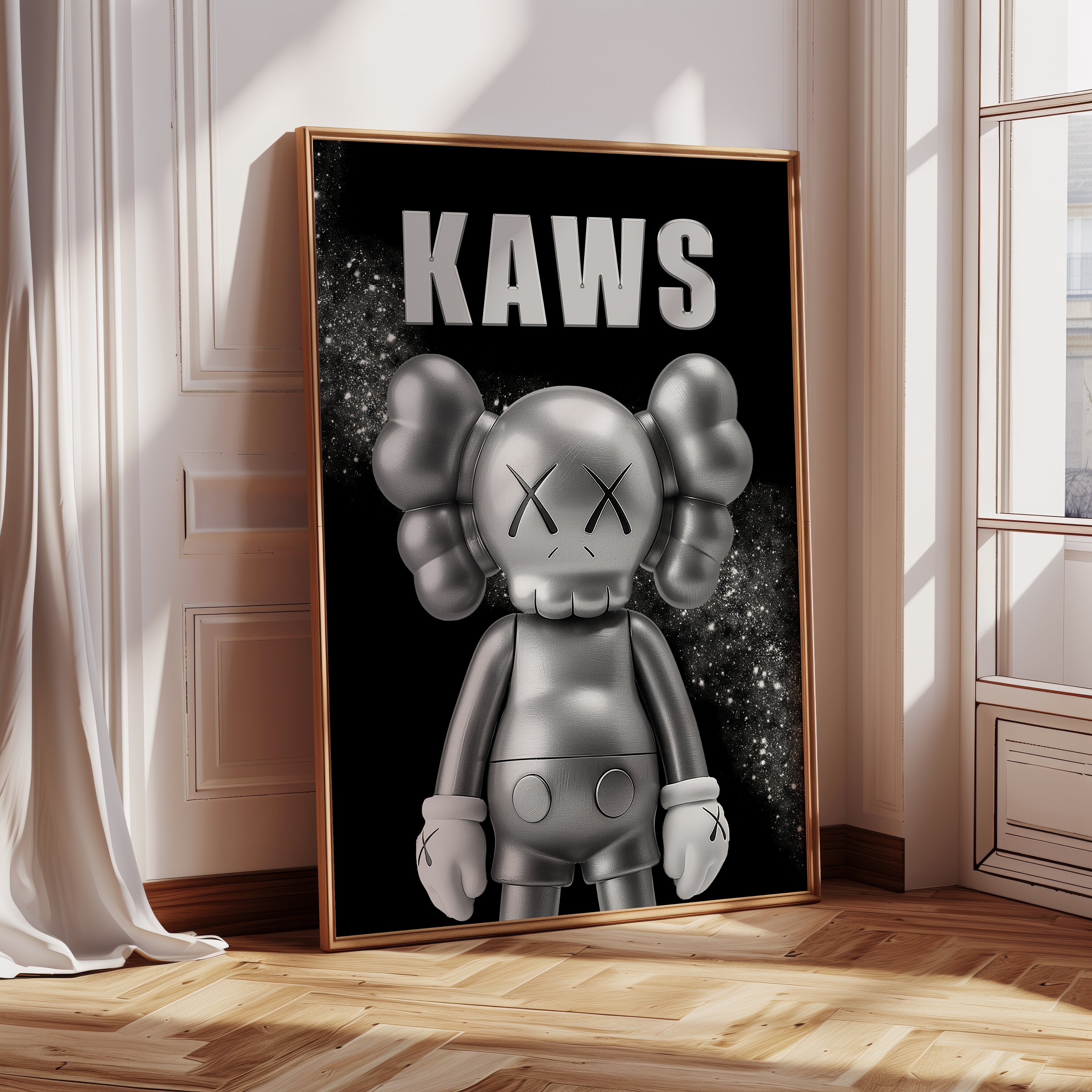 Silver KAWS Figure Printable Wall Art, Set of 3 Prints