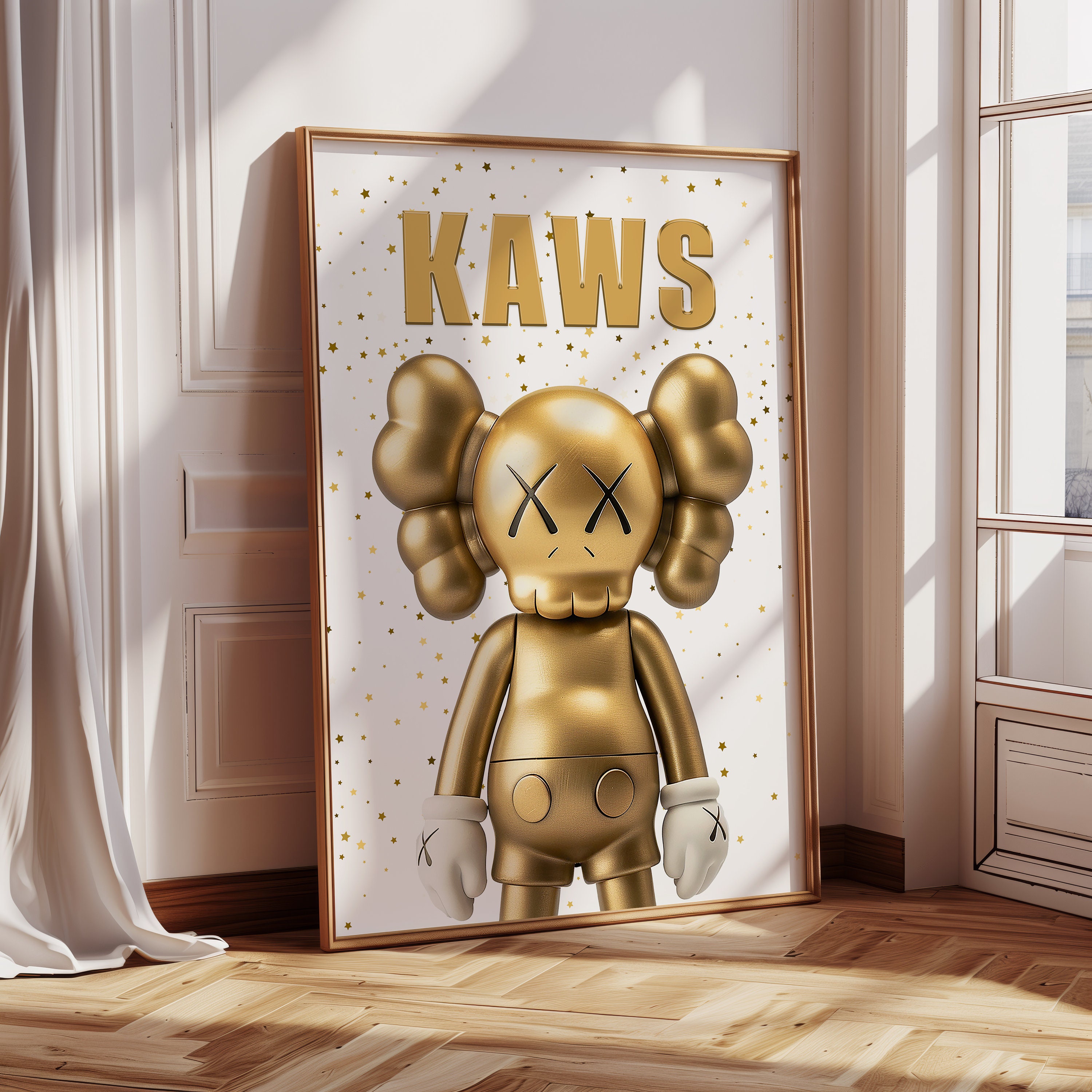 Gold KAWS Figure Printable Wall Art, Set of 3 Prints, Hypebeast