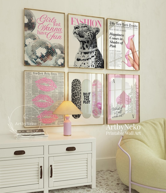 Pink Fashion Wall Art Set, Glam Leopard Prints , Modern Feminine Gallery Wall, Y2K Dorm Posters, Coquette Prints, Trendy Prints, Disco Ball