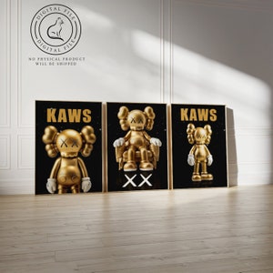 Gold KAWS Figure Printable Wall Art, Set of 3 Prints
