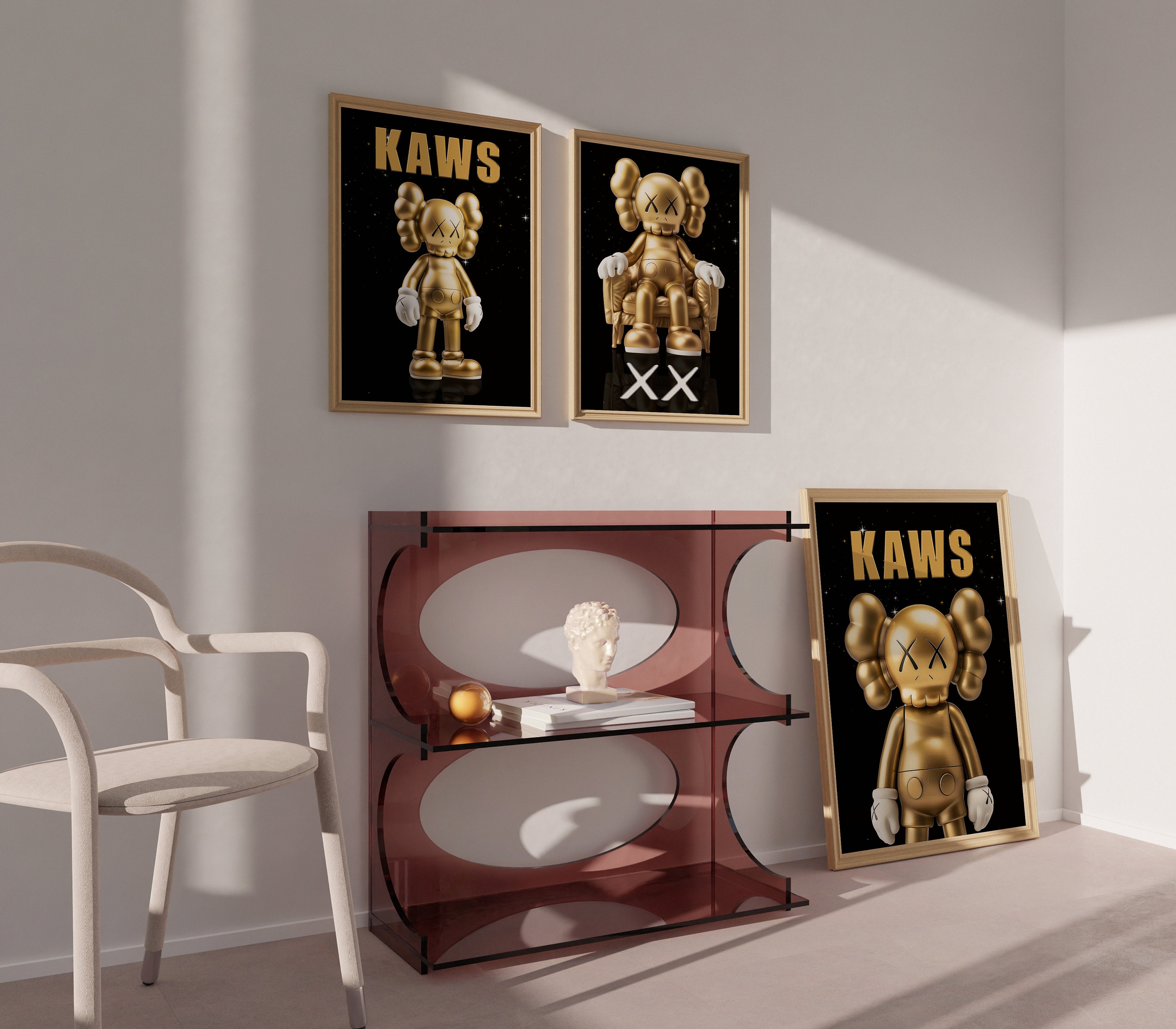 GOLD絵画３点 Gold KAWS Figure Printable Wall Art, Set of 3 Prints