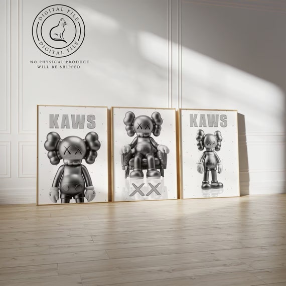 Silver KAWS Figure Printable Wall Art, Set of 3 Prints