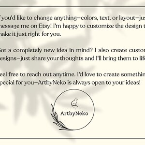 May include: A cream-coloured graphic with text offering custom design services. The text includes phrases like "customise the design" and "create custom designs." A circular logo with a cat silhouette and the text "ArtbyNeko" is at the bottom.