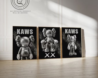 Silver KAWS Figure Printable Wall Art, Set of 3 Prints, Hypebeast