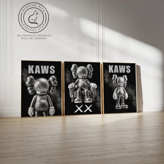 シルバーKAWSフィギュアプリントウォールアート、3枚セット、Hypebeast