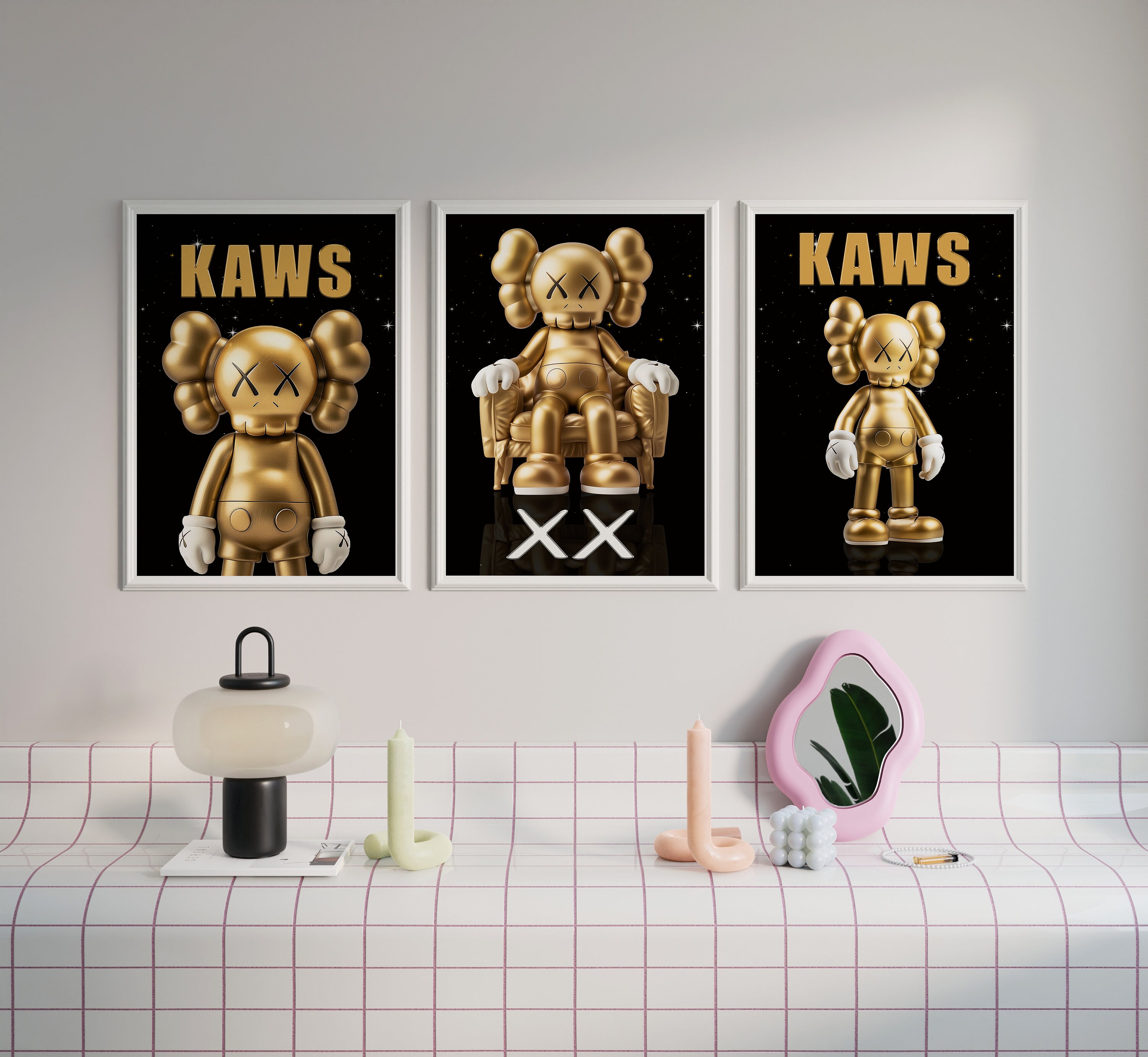 Gold KAWS Figure Printable Wall Art, Set of 3 Prints