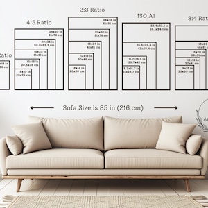 May include: Image showing various print sizes in inches and centimeters, with a sofa below. The text indicates a sofa size of 85 inches (216 cm). The image also includes the logo of ArtbyNeko.