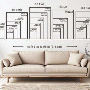 May include: Image displaying print sizes in inches and centimetres, with a sofa beneath. The text indicates a sofa size of 85 inches (216 cm). The image also includes the ArtbyNeko logo.