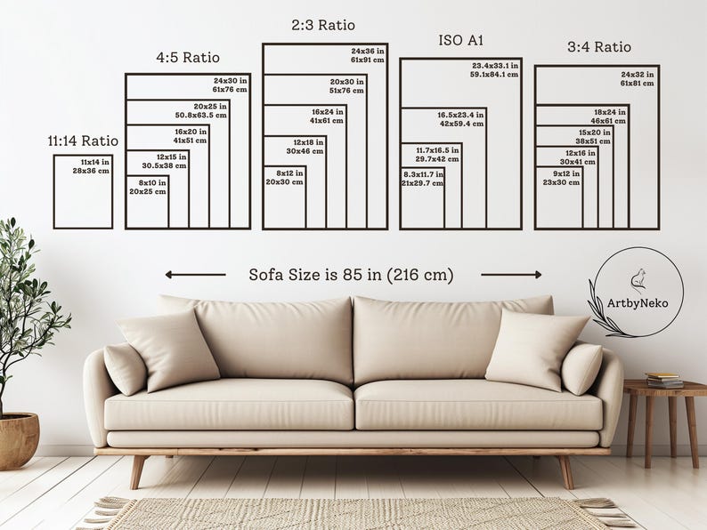 May include: Image displaying print sizes in inches and centimetres, with a sofa beneath. The text indicates a sofa size of 85 inches (216 cm). The image also includes the ArtbyNeko logo.