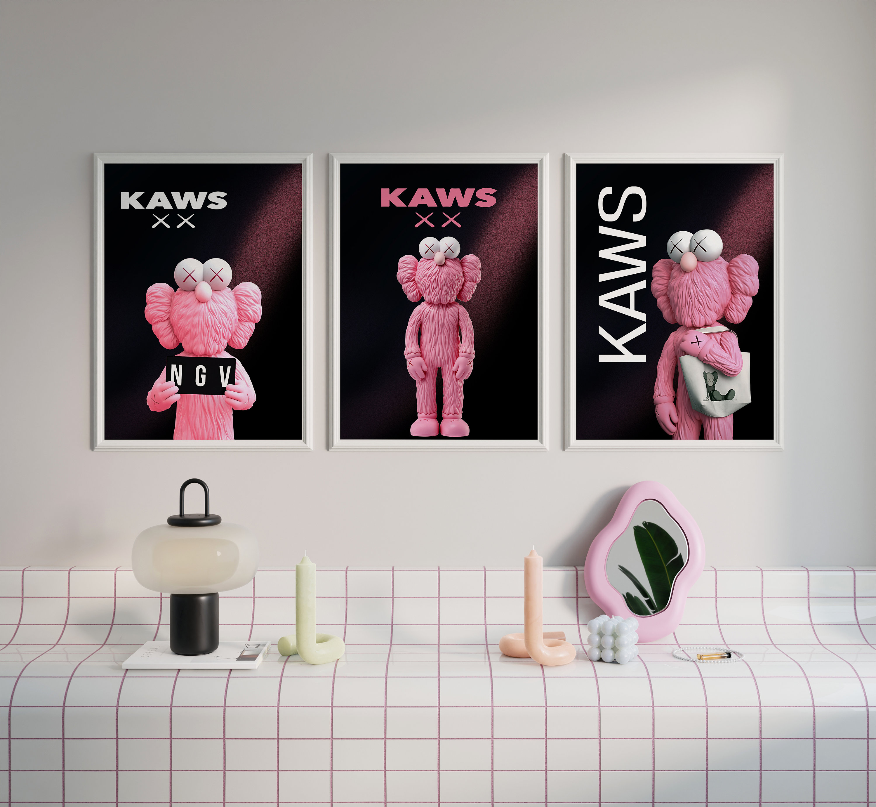 Pink KAWS Figure Printable Wall Art, Set of 3 Prints, Hypebeast