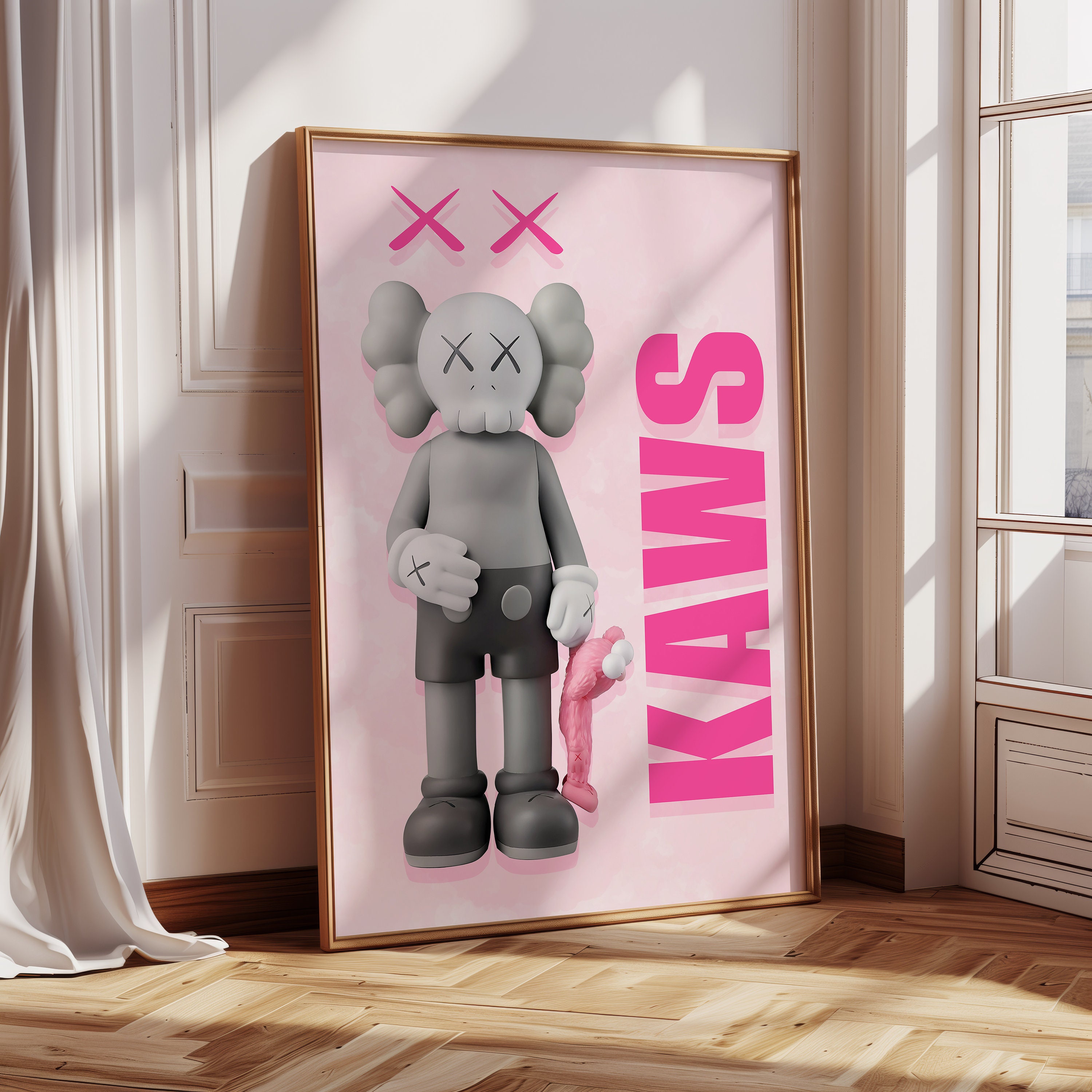Pink KAWS Figure Printable Wall Art, Set of 3 Prints