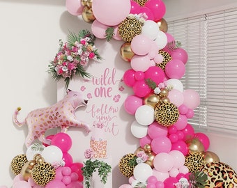 135Pcs Pink Leopard Print Balloon Garland Arch Kit Jungle Safari Animal Printed Balloon Arch Hot Pink Chrome Gold Balloons for Baby Shower