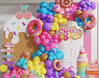 154Pcs Rainbow Donut Balloon Arch Garland Kit with Sprinkles Donut Ice Cream Lolly Foil Balloons