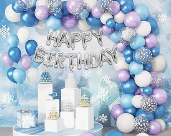 152 Pcs Ice Snow Balloons Garland Arch Kit, Purple Blue White Silver Confetti Happy Birthday Snowflake Foil Balloons