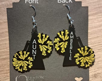 Cheer Earrings, Cheer Mom, Custom Name Earrings, Sports Lover, Cheerleader Earring, Jewelry, Sporty, School Spirit earring, Cheerleader gift