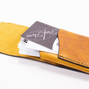 Mostarda - Carteira de couro minimalista para homem, personalizada, porta-cartão para mulher, carteira fina, carteira masculina, feita à mão, personalizada