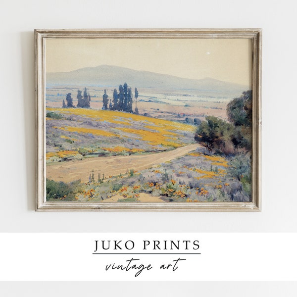 Vintage Landscape With Yellow And Purple Flower Fields And Poplars Oil Painting | Digital | Sin012