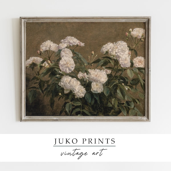 Vintage Print Beautiful Bush Of White Roses | Vintage Still Life | Printable Wall Art | Digital Prints | Downloadable Art | Sin123