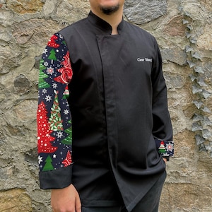 Casaco de chef personalizado com padrão de Natal, jaqueta de chef para homens e mulheres, uniforme de barman, presente de chef bordado grátis, restaurante unissex