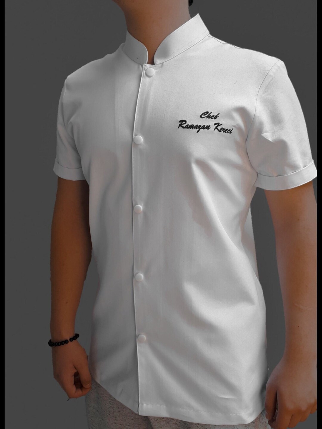 Personalized Black Short Sleeve Chef Coat - Men's Small, Custom Embroidery, 65/35 Poly-Cotton Blend
