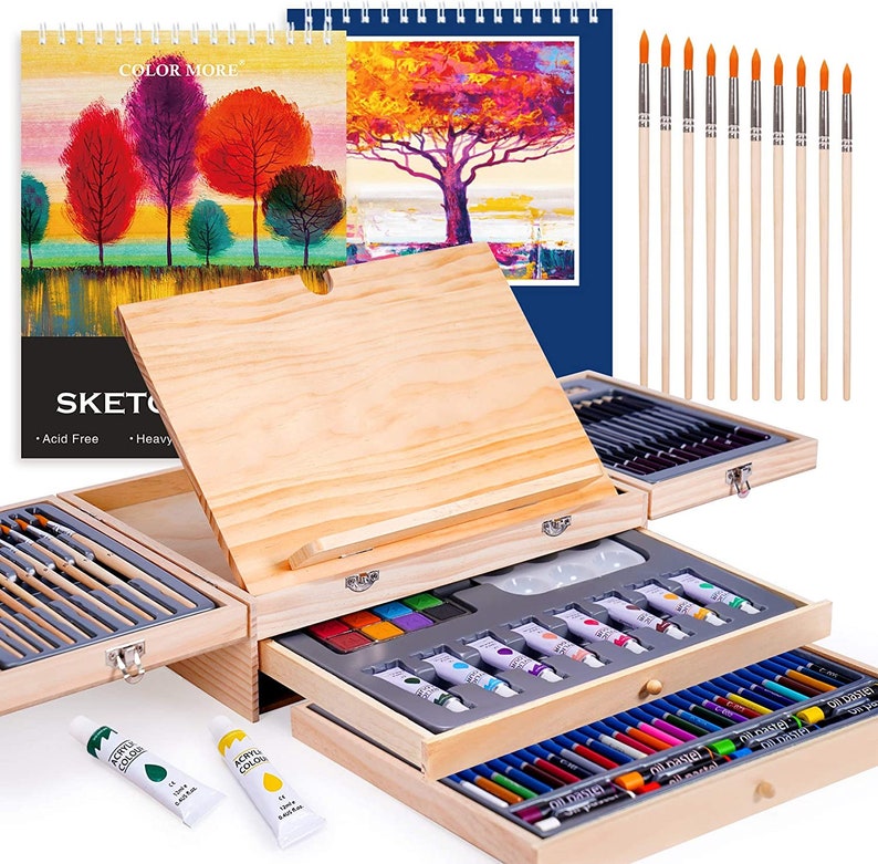 85 Piece Deluxe Wooden Art Set Crafts Drawing Painting Kit With Easel