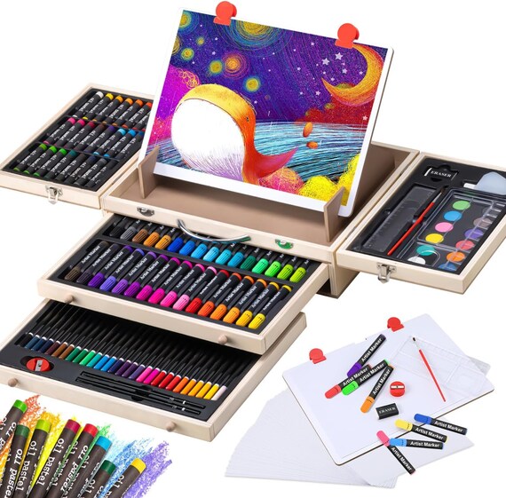 Art Set Crafts Kit With Drawing Easel, Deluxe Kids Art Set, Oil Pastels,  Colored Pencils, Watercolor Cakes, Creative Gift for Kids 