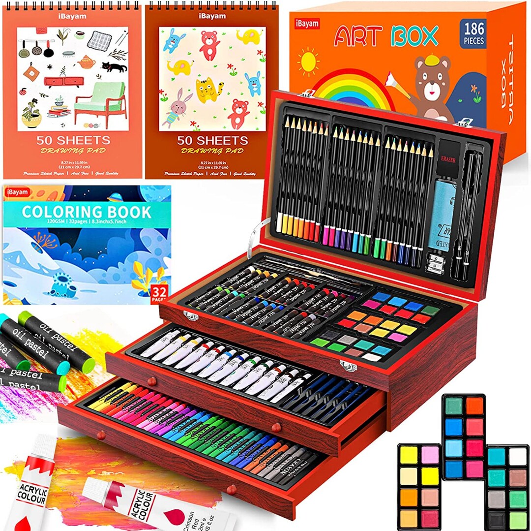 Painting Kit, 186-pack Deluxe Art Set With 2 A4 Drawing Pads, 1 Coloring  Book, 24 Acrylic Paints, Crayons, Colored Pencils, Water Cake, 