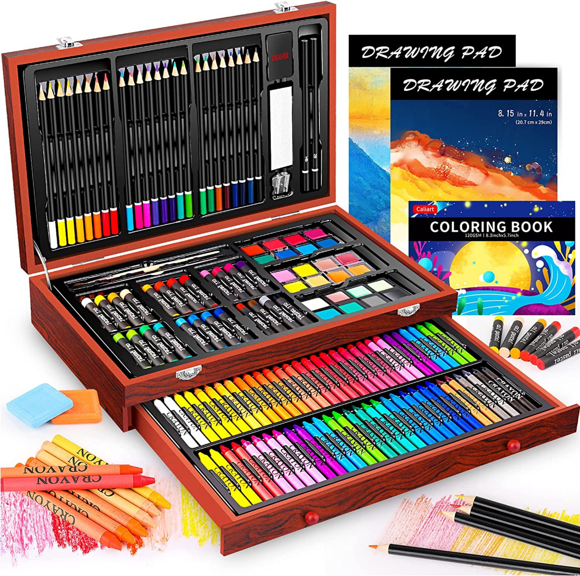 175 Piece Deluxe Art Set with 2 Drawing Pads, Acrylic Paints, Crayons,  Colored Pencils Set in Wooden Case, Professional Art Kit, for Adults, Teens  and