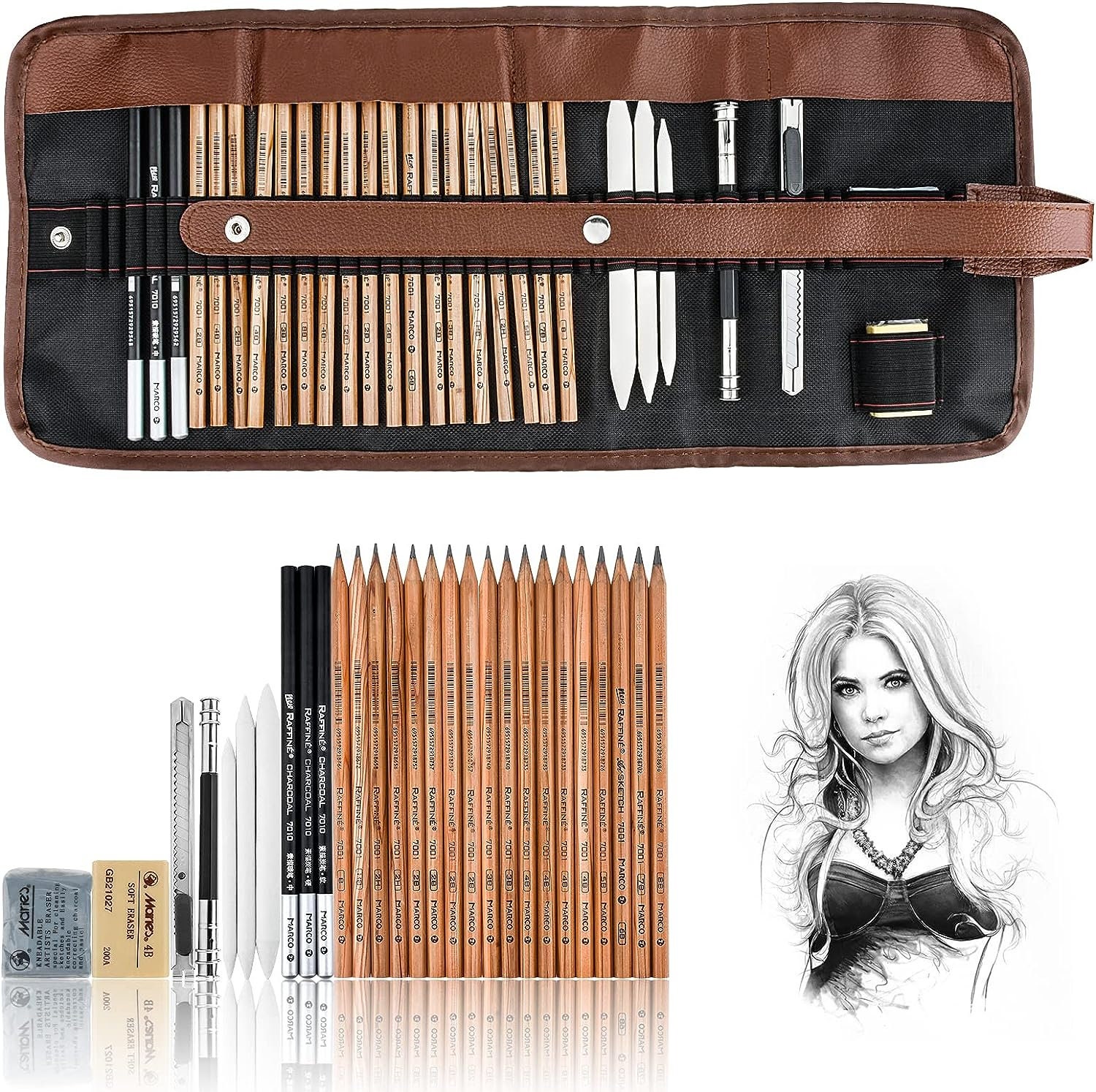 KALOUR 33 Pieces Pro Drawing Kit Sketching Pencils Set,Portable Zippered  Travel Case-Charcoal Pencils, Sketch Pencils, Charcoal