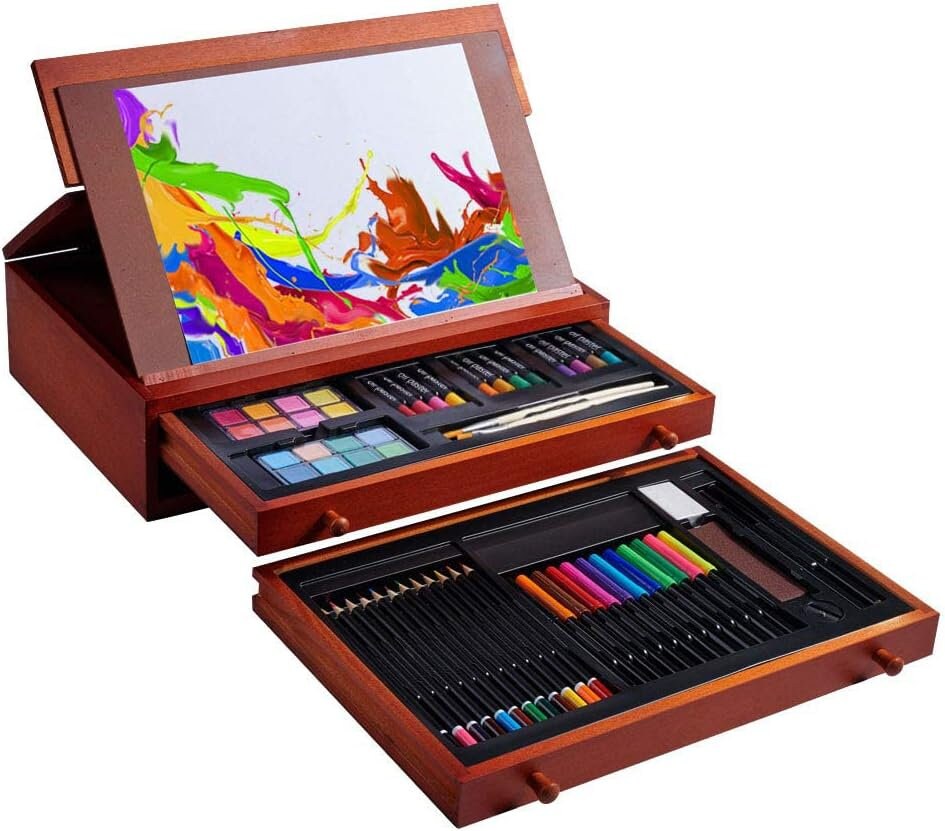 Art Supplies, Wooden Art Set Crafts Kit with Drawing Easel, Deluxe Kids Art  Set, Oil Pastels, Colored Pencils, Watercolor Cakes, Creative Gift for