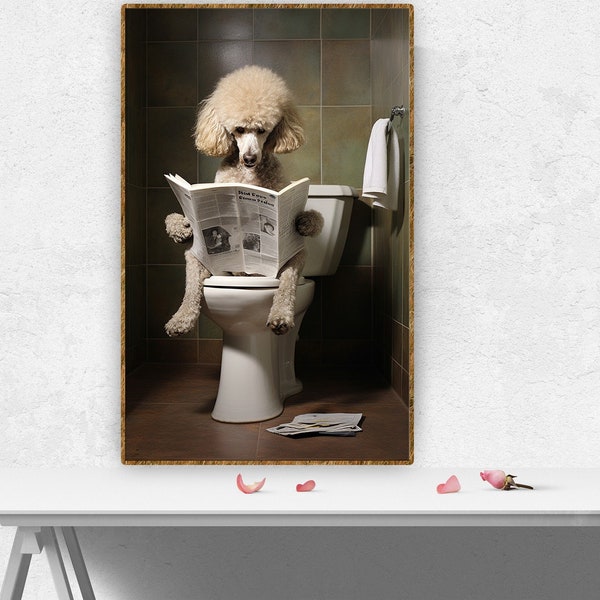 Poodle on the toilet and reading a newspaper, dog, funny bathroom wall decor, funny animal print, poster, canvas, hallway