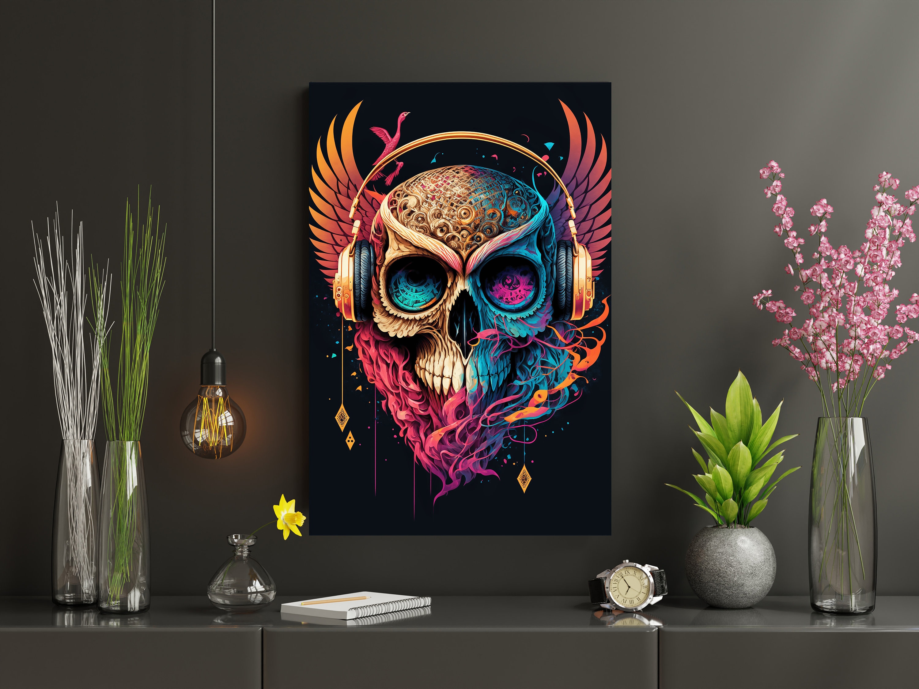 Wandbild Bild Totenkopf Skull Glasbild Wohnzimmer Deko Schwarz mit Glitzer  25x20cm