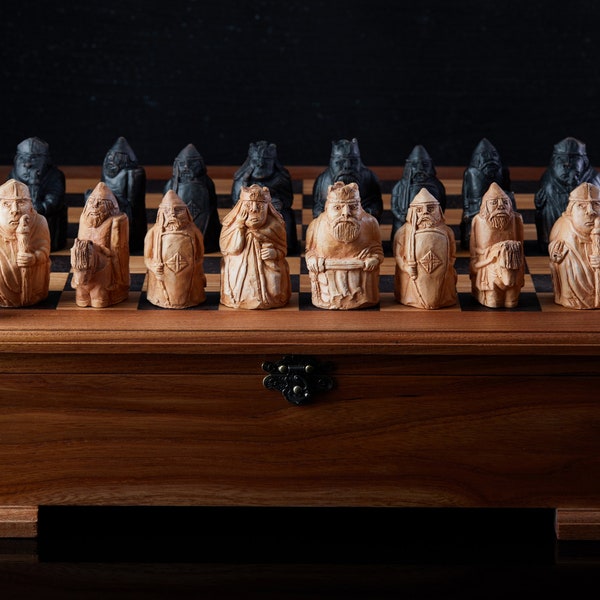 Handmade ceramic chess set with storage box. stylized lewis chessmen