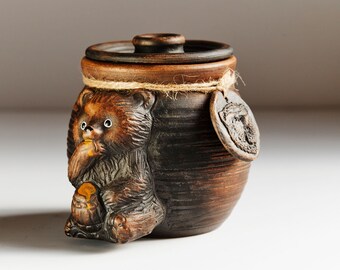 Pottery jar with bear for honey, sugar and cookies. handmade pottery.