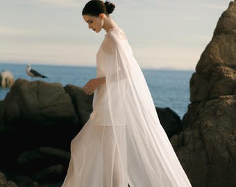 Silk Bridal Cape Veil Wedding Cape for Bride Sheer Capelet Boho Wedding Dress Custom Cover Up Dress Topper Minimalist Wedding Shawl