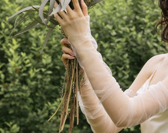 Benutzerdefinierte fingerlose Handschuhe Brauthandschuhe - Elfenbeinhandschuhe Lange Handschuhe Boho Hochzeitshandschuhe Elegante weiße Tüllärmel Geschenk für die Braut als Geschenk