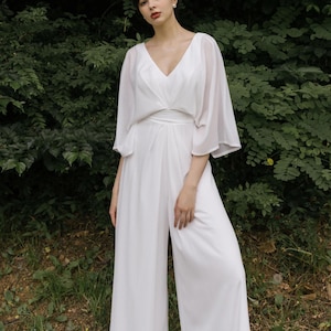 White Jumpsuit Bridal Jumpsuit Wedding Reception Dress Modern Formal Bridal Pantsuit Civil Wedding Dress Bohemian Simple Wedding Jumpsuit