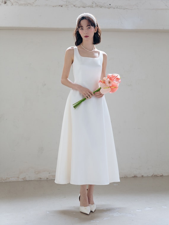 Satin Midi Wedding Dress Custom Ivory Engagement Dress Short Tea Length Wedding Dress Sleeveless Simple Wedding Dress Civil Elopement Dress