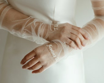 Custom Wedding Gloves - Long Gloves with Hand Stitch Beads Gift for Bride to be Gift Wedding Gift Bridal Accessories Tulle Sleeves