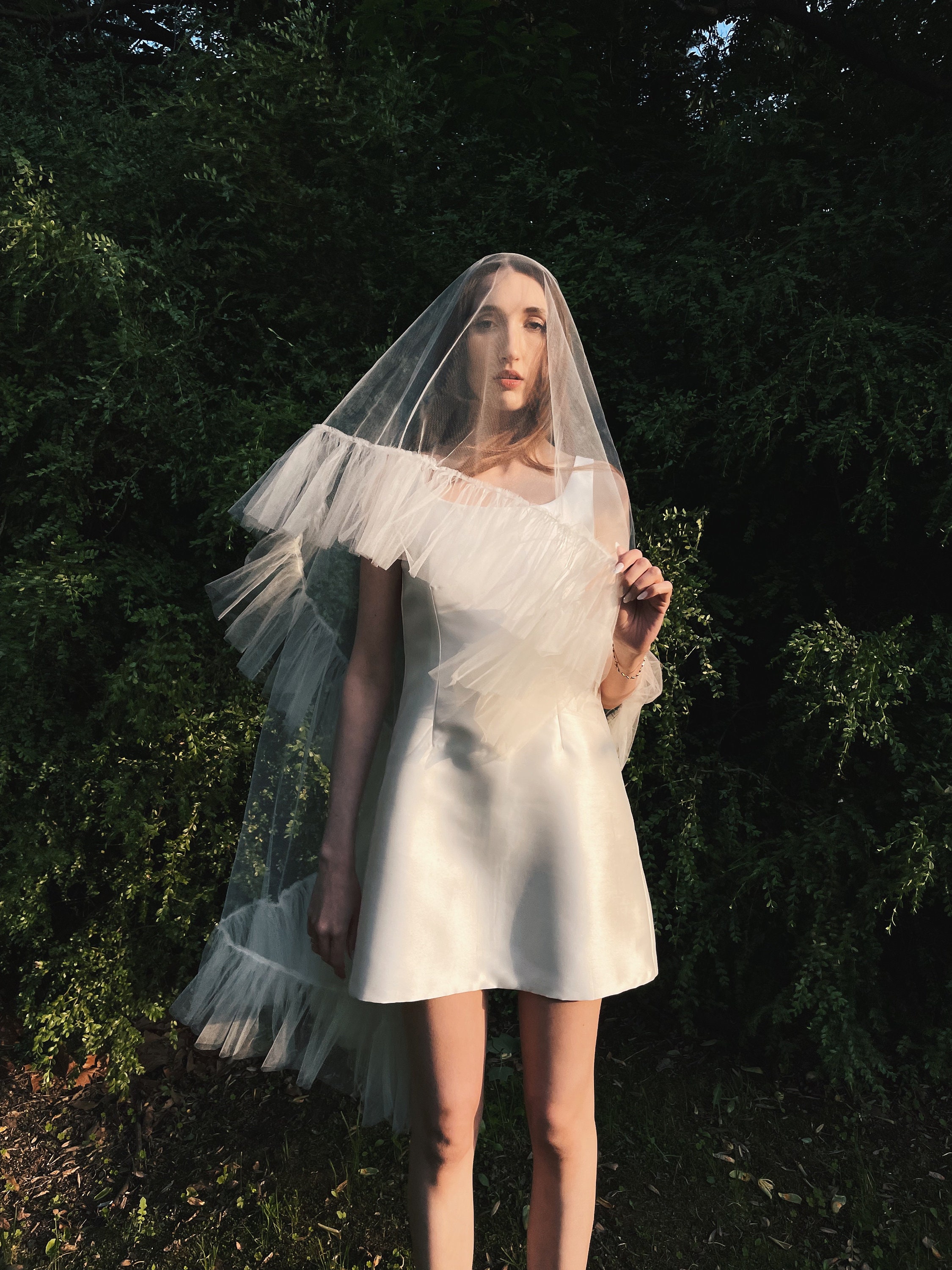 Ruffle Trim Bridal Veil - Beach Wedding Hair Pieces Pleated Veil Bridal Headpiece Waist Length Tulle Draped Veil Boho Wedding Accessories