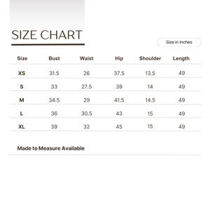 May include: Size chart for clothing in inches. The chart shows measurements for bust, waist, hip, shoulder, and length. Sizes include XS, S, M, L, and XL.