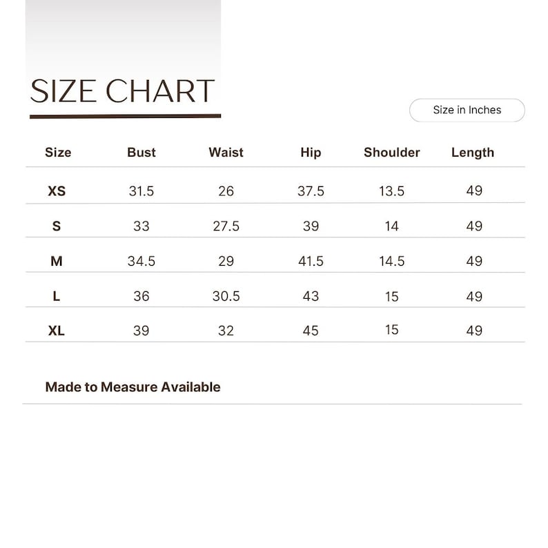 May include: Size chart for clothing in inches. The chart shows measurements for bust, waist, hip, shoulder, and length. Sizes include XS, S, M, L, and XL.