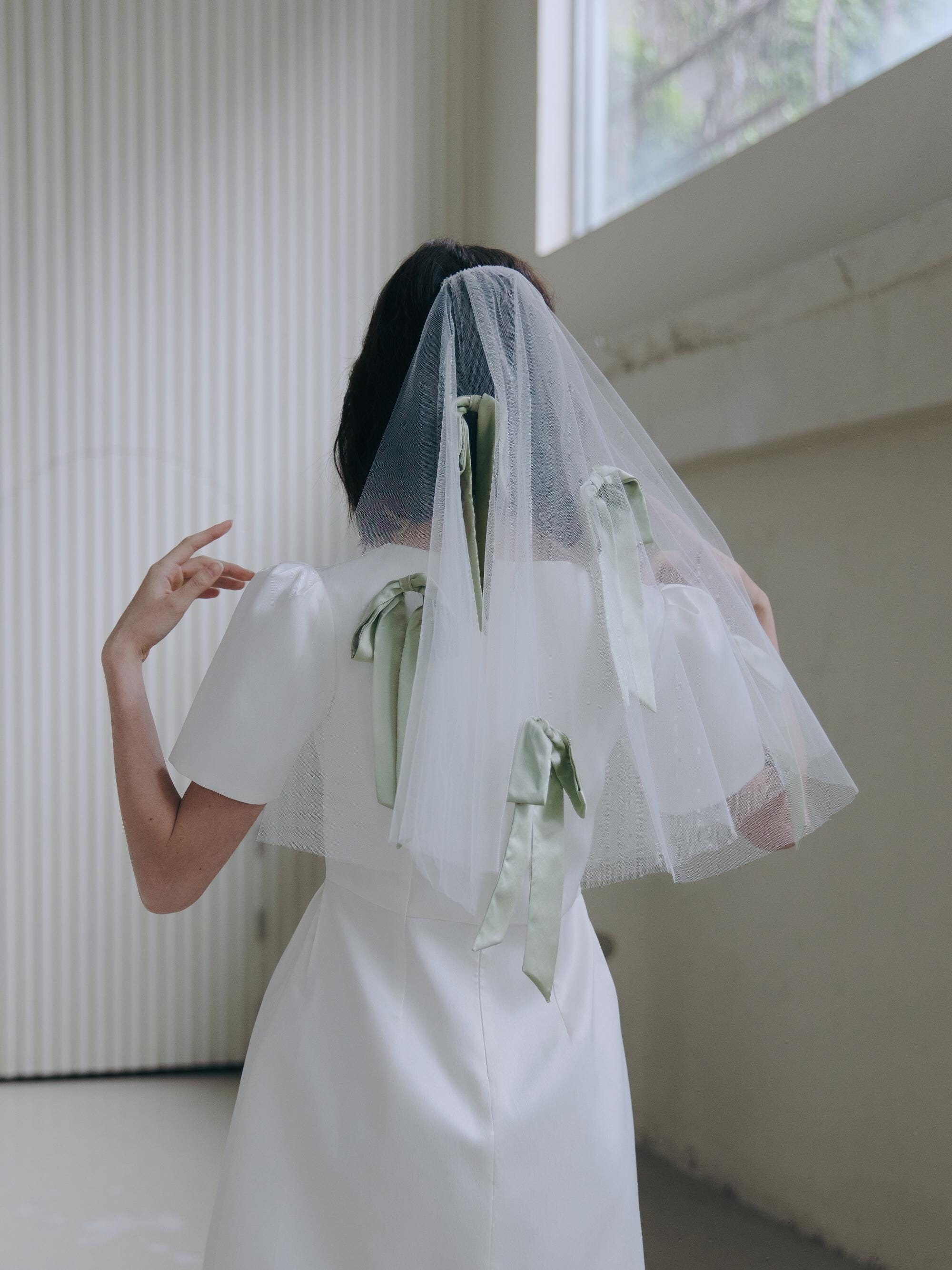 Silk Bow Bridal Veil | Custom Short Wedding Veil | Sage  display picture 3