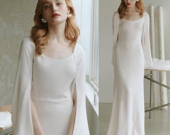 Simple Wedding Dress Long Sleeve Modest Bridal Gown Elegant Crepe Wedding Dress Reception Dress Winter Wedding Dress