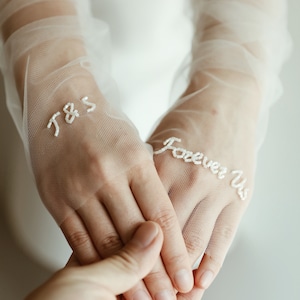Personalized Fingerless Gloves - Hand Embroidered Long Gloves Sheer Sleeves Unique Wedding Gift for Bride Tulle Sleeves Bridal Accessories