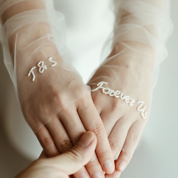 Personalized Fingerless Gloves - Hand Embroidered Long Gloves Sheer Sleeves Unique Wedding Gift for Bride Tulle Sleeves Bridal Accessories