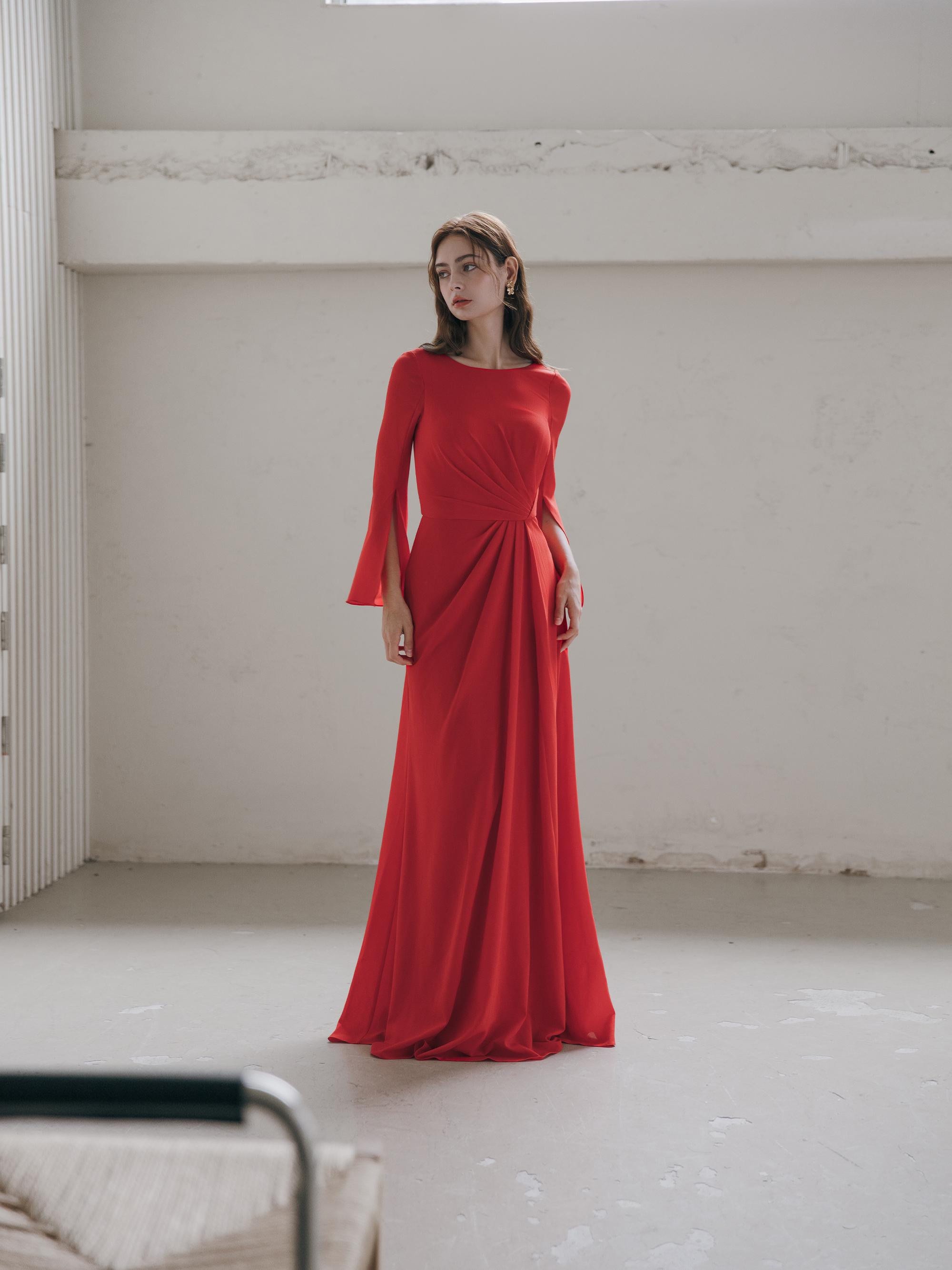 Red Long Sleeve Dress - Modest Wedding Guest Custom Winter Maxi Dress Minimalist Prom Simple Crepe Evening Gown
