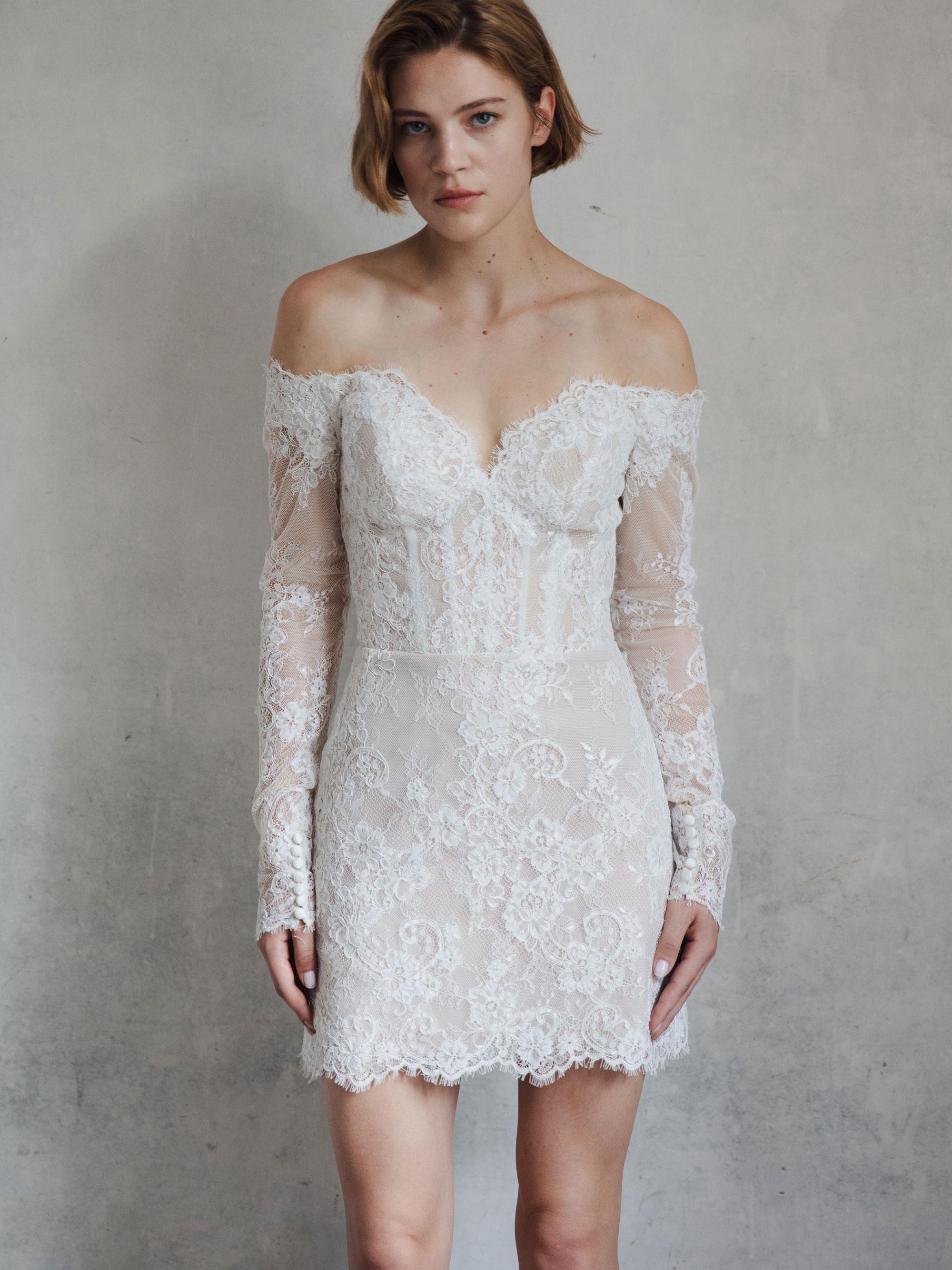 Lace Mini Wedding Dress Off Shoulder Short Bridal After Party Dress Civil Ceremony Dress Ivory Mini Wedding Dress Second Look